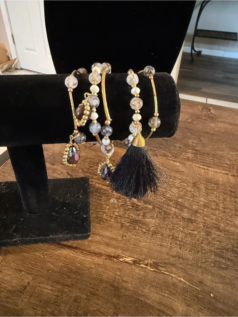 Gold-Accent Black Tassel and Beaded Bracelet Set
